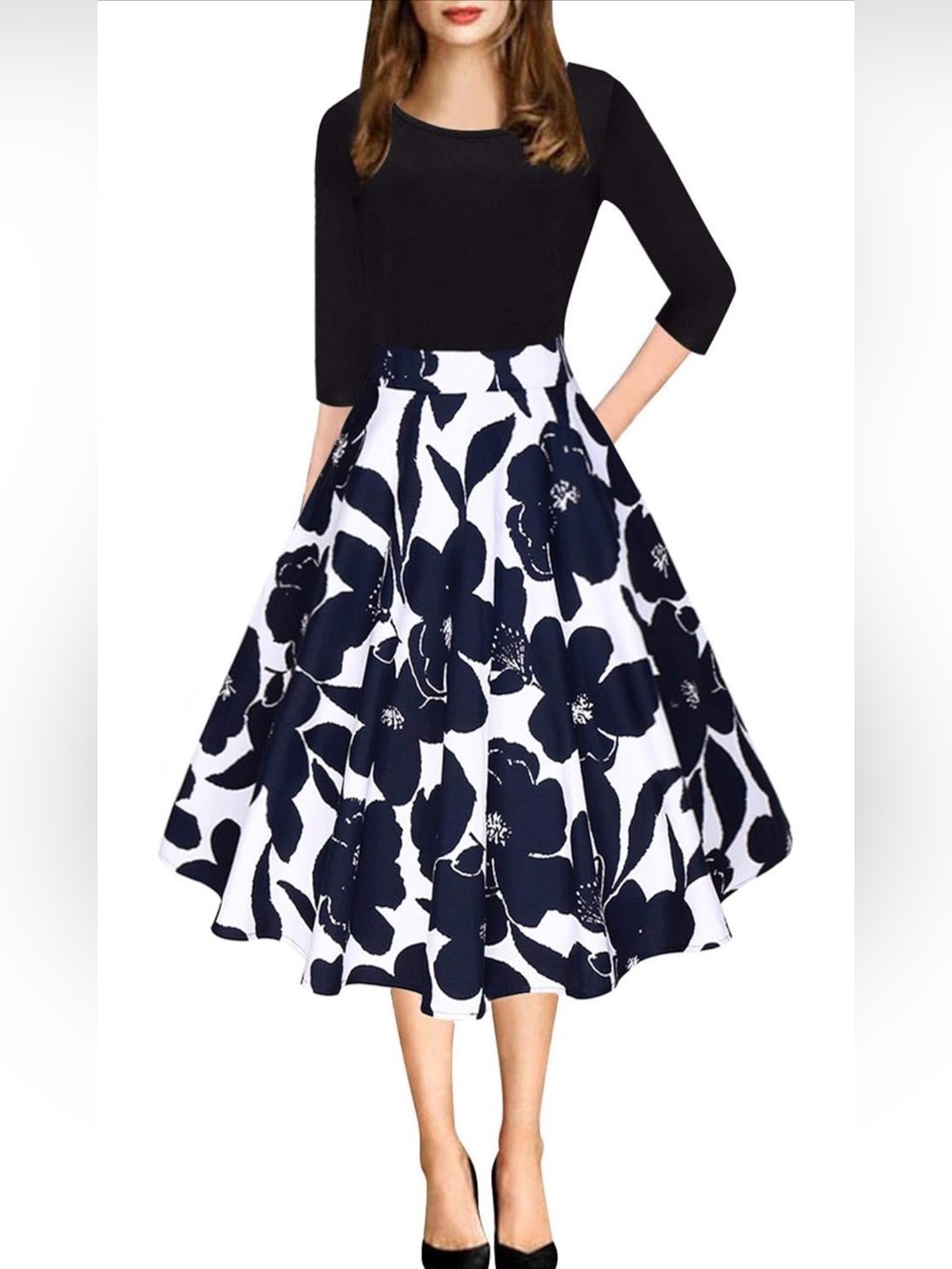 Elegant Black Top with Navy Floral Circle Skirt Dress